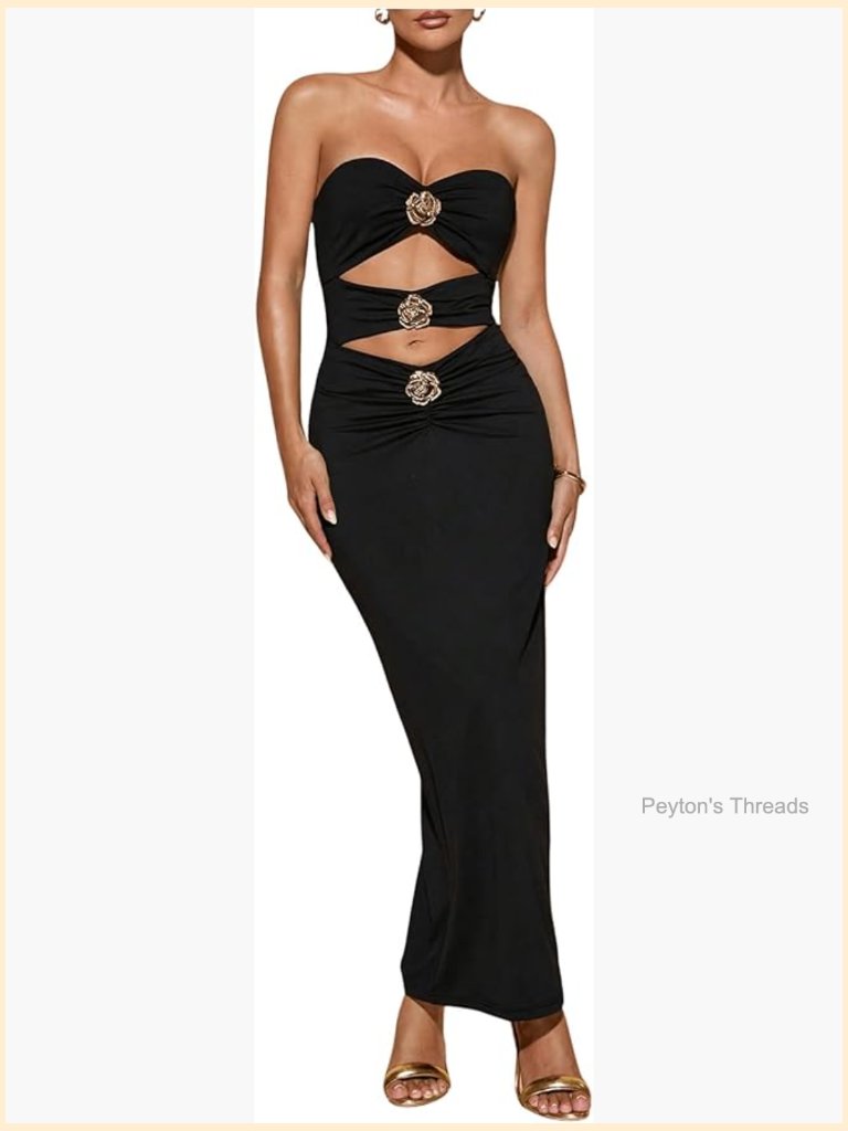Cut Out Strapless Tube Dress With Metal Flower Ruched Bodycon